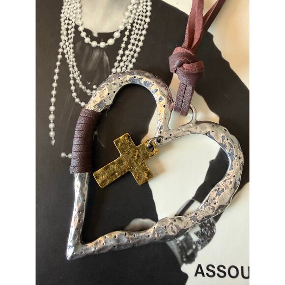 Boho Hippie Christian Heart Cross Adjustable Slip Knot Leather Necklace - Picture 3 of 5